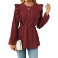 thumbnail image 1 of Hibeli Women Textured Ruffle Trim Round Neck Long Sleeve Peplum Tunic Top, 1 of 7