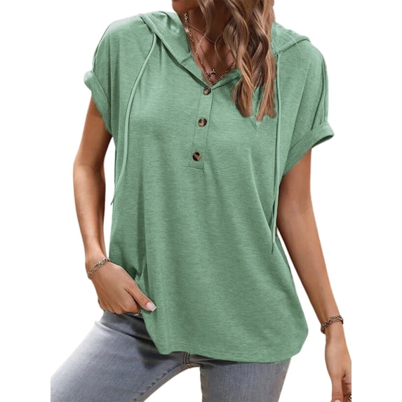 Hibeli Women's Buttons Down Drawstring Short Sleeve Solid Color Top