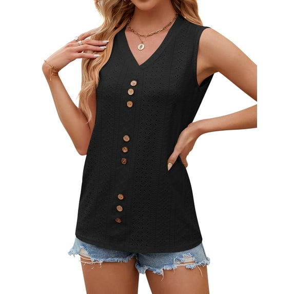 Hibeli Women's Eyelet V-Neck Buttoned Sleeveless Solid Color Tank Top
