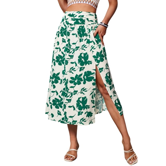 Hibeli Women's Floral Print Elastic Waist Slit Midi Skirt
