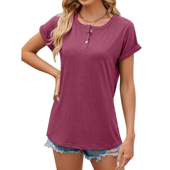 Hibeli Women's Round Neck Button Down Short Sleeve Solid Color Summer T-Shirt