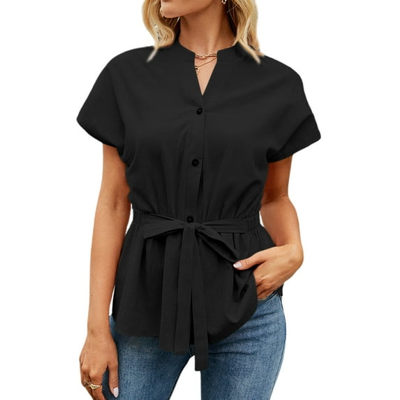 Hibeli Women's V Neck Short Sleeve Tie-Waist Button Down Summer Top