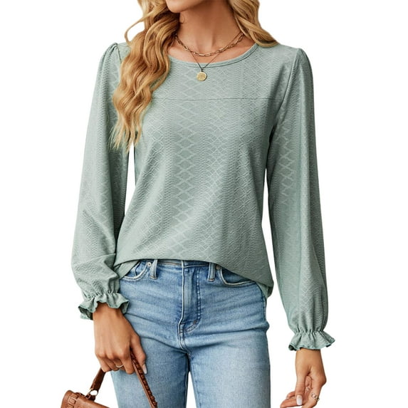 Hibeli Womens Casual Crewneck Puff Long Sleeve Loose Fit Solid Color Top