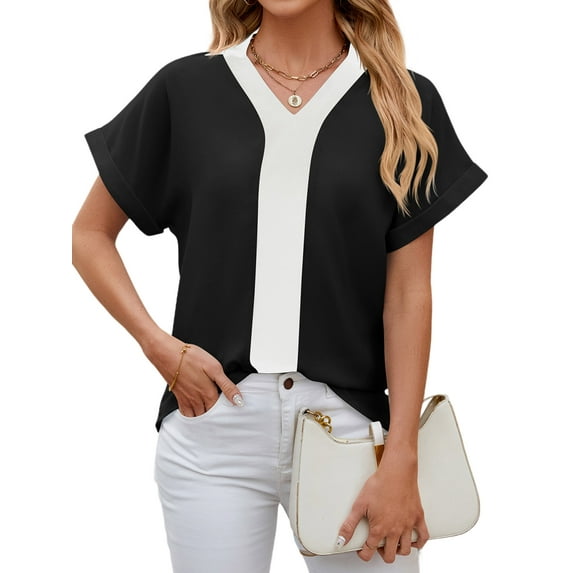 Hibeli Womens Color Block Lapel Collar Short Sleeve Blouse
