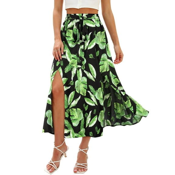 Hibeli Womens Tie Front Elastic Waist Slit Long Skirt Tropical Leaf Printed Flowy Maxi Skirts With Pockets