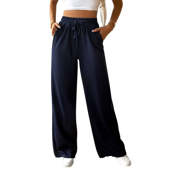 Hibeli Womens Wide Leg Sweatpants Elastic Drawstring Waist Solid Pants with Pockets