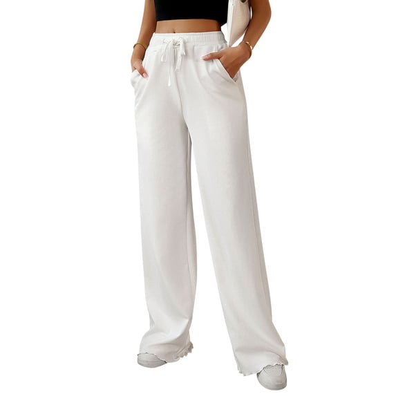 Hibeli Womens Wide Leg Sweatpants Elastic Drawstring Waist Solid Pants with Pockets