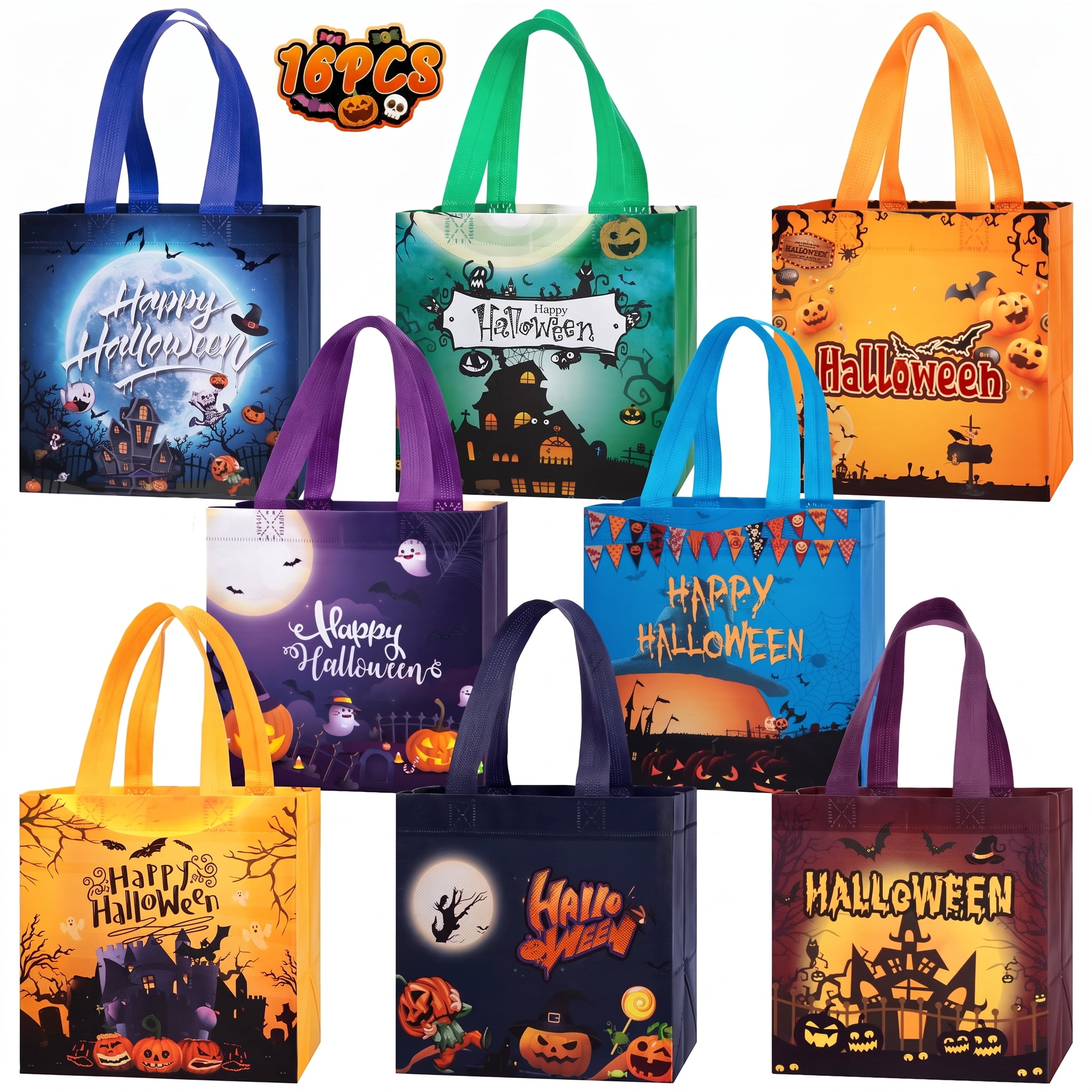 HiberyHom 16 PCS Halloween Tote Bag, Non-Woven Halloween Bags with Handles, Reusable Halloween Gift Bags, Trick or Treat Bag for Halloween Party Favors