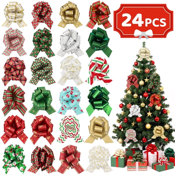 HiberyHom 24 Pcs Christmas Bows for Gifts, 5" Wide Christmas Wrap Ribbon Pull Bows, Gift Bows for Basket Wine Bottles Present