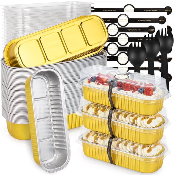 Treamon Disposable Aluminum Mini Loaf Pans, 50 Pack Aluminum Foil Pans with Lids and Spoons Sealing Sticker, 6.8 oz Rectangular Cake Pans Baking Pan, Gold