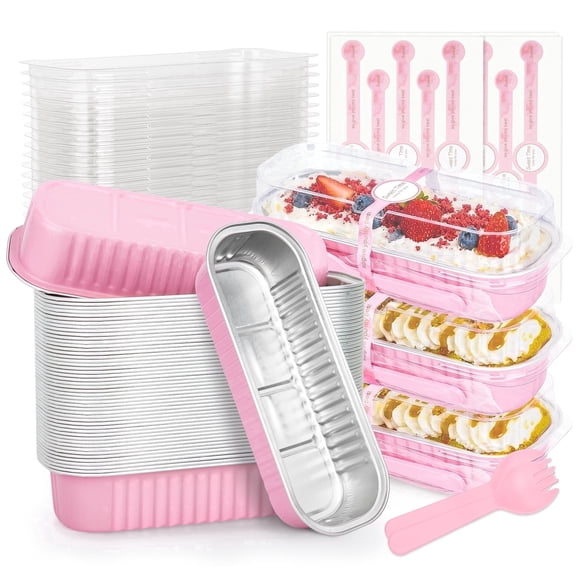 Treamon Disposable Aluminum Mini Loaf Pans, 50 Pack Aluminum Foil Pans with Lids and Spoons Sealing Sticker, 6.8 oz Rectangular Cake Pans Baking Pan, Pink