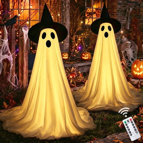 HiberyHom Halloween Ghost Decor, 2 Pack Early Halloween Decorations, 4.6 FT Light Up Ghost Kit with Remote for Porches Yard Garden, Halloween Decorations Outdoor and Indoor