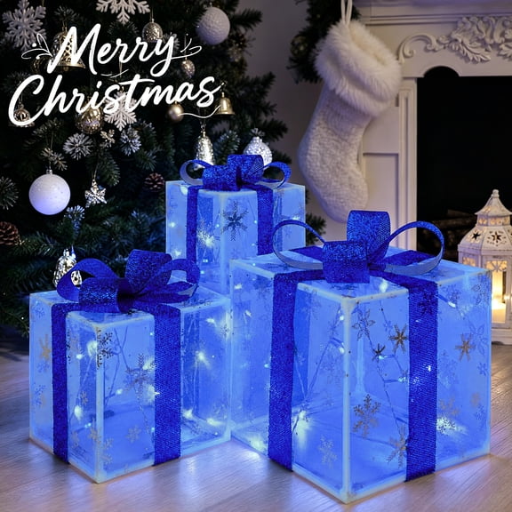 HiberyHom Set of 3 Christmas Lighted Gift Boxes, LED Light Up Present Boxes with Different Sizes, Blue Christmas Decorations for Indoor Outdoor Xmas Tree Holiday Party