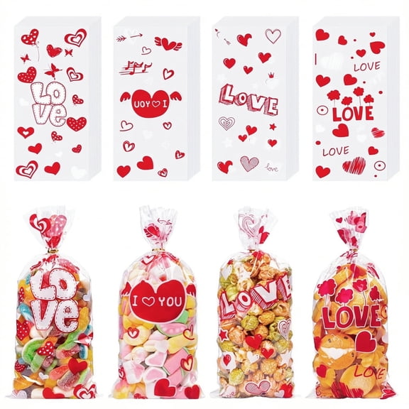 HiberyHom Valentine Treat Bags, 200 PCS Valentine Cellophane Treat Bags with 220 Twist Ties, Valentines Gift Bags for Valentines Day Party Favor Supplies