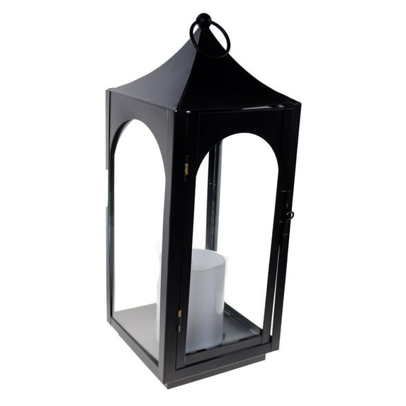 Hibibud 15 Inch Decorative Lantern Centerpiece with Flickering LED Candle / Black
