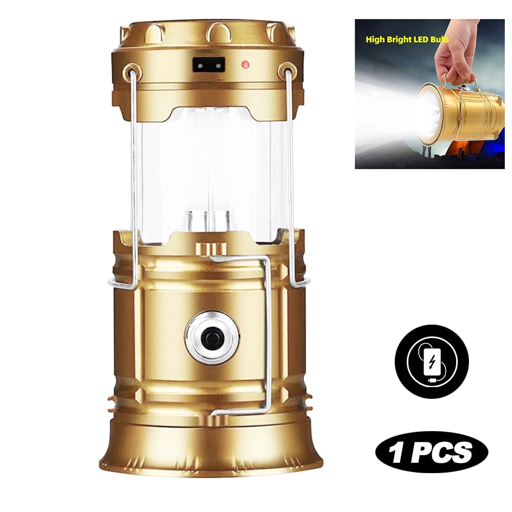 Collapsible Portable LED Camping Lantern Lightweight Waterproof Solar USB Rechargeable LED Flashlight Survival Kits for Indoor Outdoor Home Emergency Light Power Outages Hiking Hurricane ( Gold)