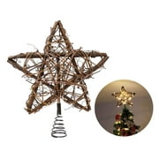 Hibibud   Rattan Star Tree Topper - Christmas Rustic LED Light Up Tree Topper Decoration