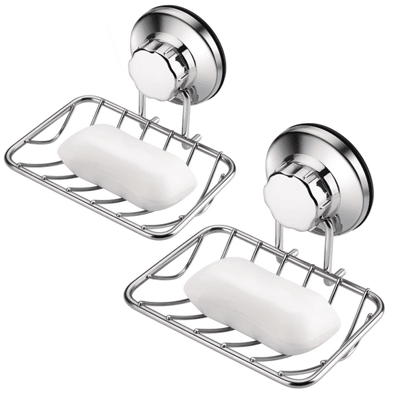ANNO Super Powerful Vacuum Suction Cup Shower Soap Dish - Strong Rustproof Stainless Steel Soap Saver Sponge Holder for Bathroom & Kitchen Sink, 2 Pack