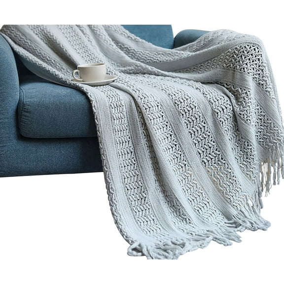 Hibiscsu Decorative Knitted Throw Blanket with Fringe, Lightweight Blanket Acrylic Knit Blanket , Soft & Cozy Tassel Blanket for Couch Sofa Bed (50 x 60 Inch)