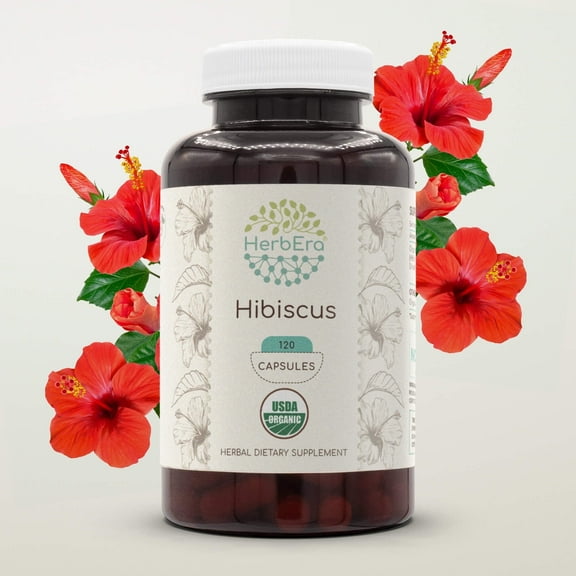 HerbEra Hibiscus Capsules, Organic Herbal Dietary Supplement for Antioxidant Support, Certified Organic Hibiscus (Hibiscus Sabdariffa) Dried Flower Capsules, Natural, 120 Capsules