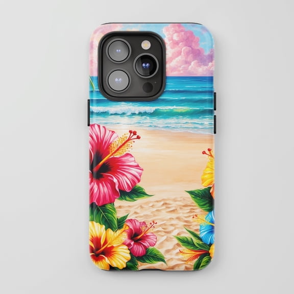 Hibiscus Beach Scene For All iPhone Series Tough Phone Case Tropical Floral