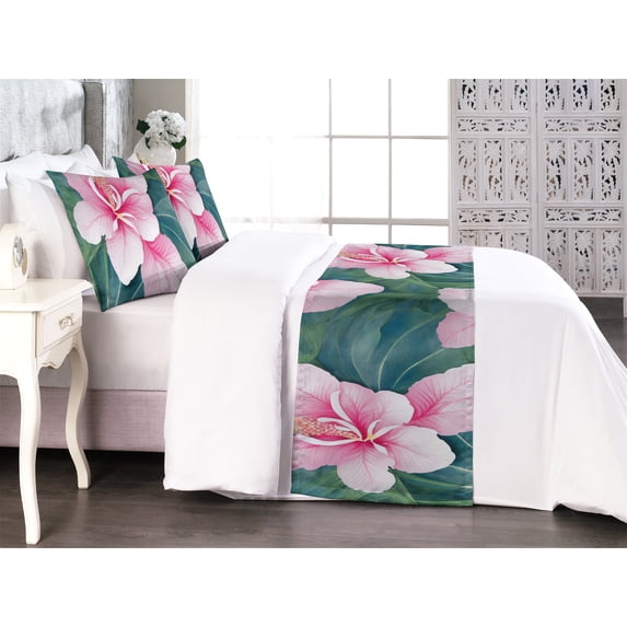 Hibiscus Bed Runner Set, Jungle Inspired Exotic Leaves and Flowers Pattern on Blue Hues Print, Decorative Bedding Scarf & 2 Pillow Shams for Hotels Homes, King, Pale Pink Forest Green, by Ambesonne