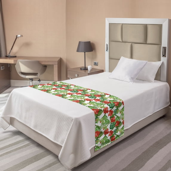Hibiscus Bed Runner, Tropical Layout of Endemic Flowers and Botany, Decorative Accent Bedding Scarf for Hotels Homes and Guestrooms, Twin, Vermilion Lime, by Ambesonne