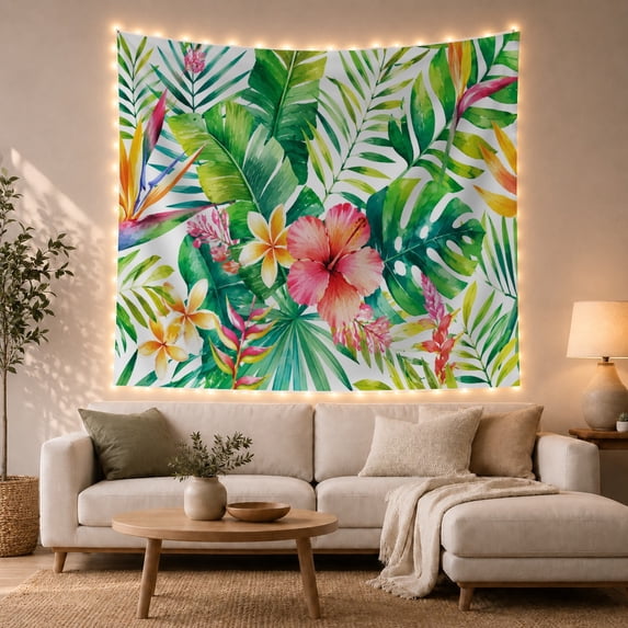 Hibiscus and Bird of Paradise Among Monstera Leaves, Joyful Watercolor for Plant Lovers, Tropical Wall Decor, Housewarming Gift, Tapestry Wall Hanging for Bedroom and Dorm