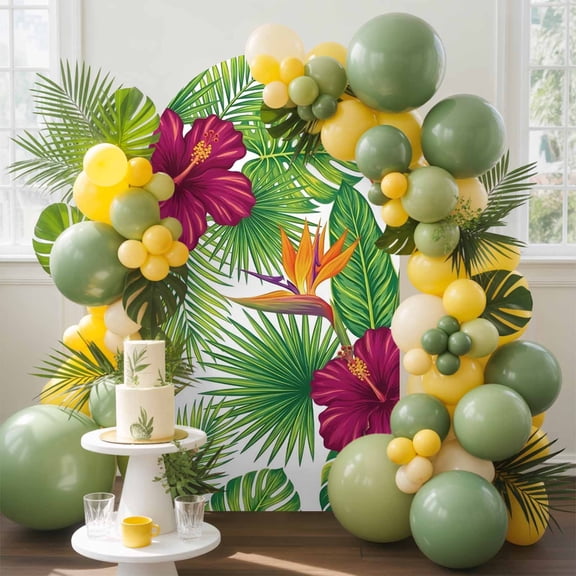 Hibiscus Bird of Paradise Arch Backdrop Cover, 5FT, Boho Floral Tropical Monstera Leaf Spandex Arch Covers Double-Sided Backdrop for Wedding Birthday Party Photo Background Decoration