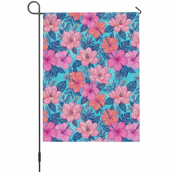Hibiscus Bloom Garden Flag 12 x 18 Inches, Boho Romantic Tropical Pink Flower Plants Weather Proof Outdoor Patio Flags Double Sided Small Garden Decoration for Yard Outside Home