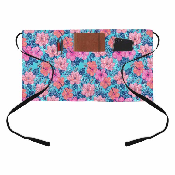Hibiscus Bloom Kitchen Restaurant Half Waist Apron, Boho Romantic Tropical Pink Flower Plants Server Short Apron with 3 Pockets Waterproof Oil Waist Aprons for Women Waitress Waiter