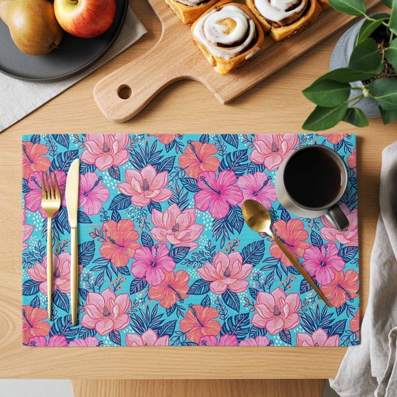 Hibiscus Bloom Placemats Set of 2, Boho Romantic Tropical Pink Flower Plants Heat Insulated Linen Place Mats, Washable Stain-Proof Table Mats for Dining Tables Holiday Decor 13x19 Inches