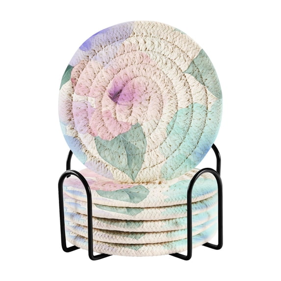Hibiscus Blooms 4in Bar Coasters Set of 6 with Storage Rack Durable Heat Resistant