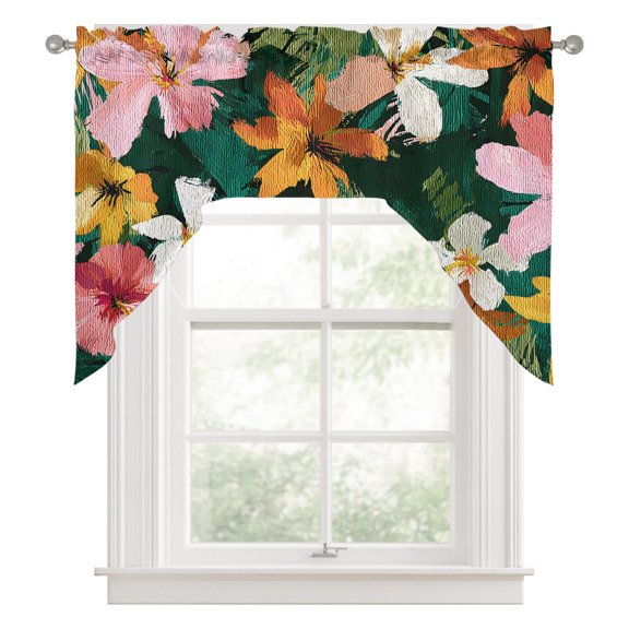Hibiscus Blooms Kitchen Curtains Swag Valance for Windows/Bathroom/Cafe, Tropical Floral Pink Yellow Exotic Flowers Rod Pocket Drape Panel Swag Curtains Valance for Bedroom/Living Room 56"x36"