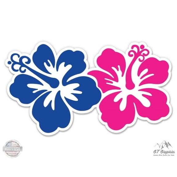 Hibiscus Blue and Pink Tropical Cute Flowers Hawaii - 3" Vinyl Sticker - For Car Laptop I-Pad Phone Helmet Hard Hat - Waterproof Decal