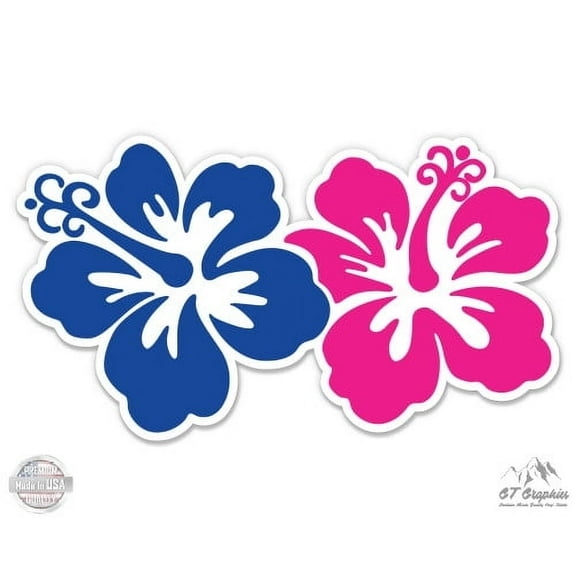 Hibiscus Blue and Pink Tropical Cute Flowers Hawaii - 5" Vinyl Sticker - For Car Laptop I-Pad - Waterproof Decal
