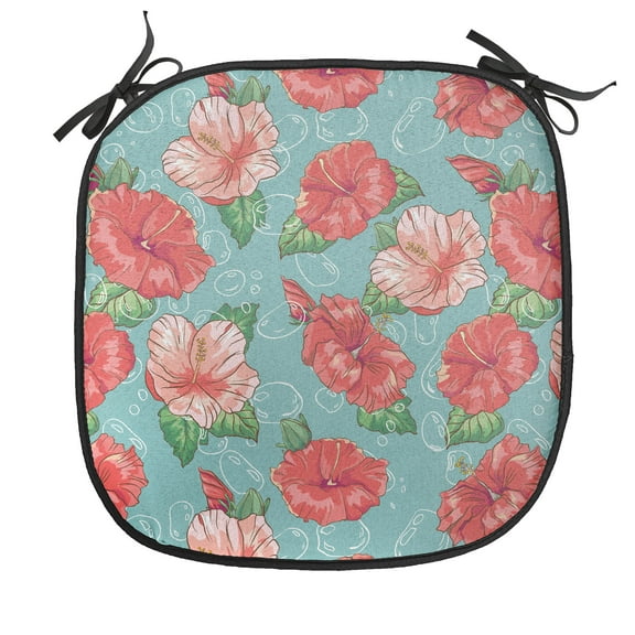 Hibiscus Chair Seating Cushion, Pattern of Tropic Flowers and Bubbles Graphic, Soft Seat Pads for Office with Anti-slip Backing, 16"x16", Teal Coral, by Ambesonne