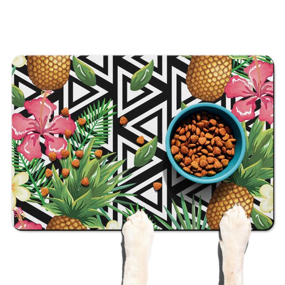 Hibiscus Dog Bowl Mat - Waterproof and Washable, Multi-Layer Structure, Non-Slip Base, Vibrant Summer Beach Theme