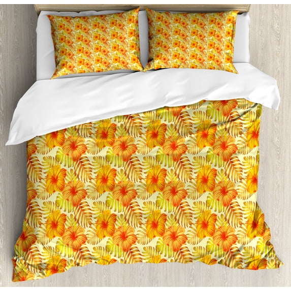 Hibiscus Duvet Cover Set, Exotic Flowers Tropical Palm Leaf Warm Tones, Decorative 3 Piece Bedding Set with 2 Pillow Shams, King Size, Orange Yellow, by Ambesonne