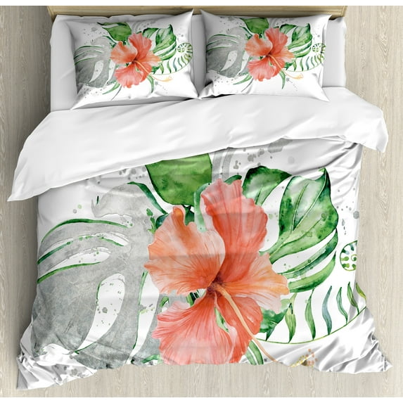 Hibiscus Duvet Cover Set, Grunge Look Watercolor of Tropical Flower Interpretation, Decorative 3 Piece Bedding Set with 2 Pillow Shams, Calking Size, Burnt Sienna Dust, by Ambesonne