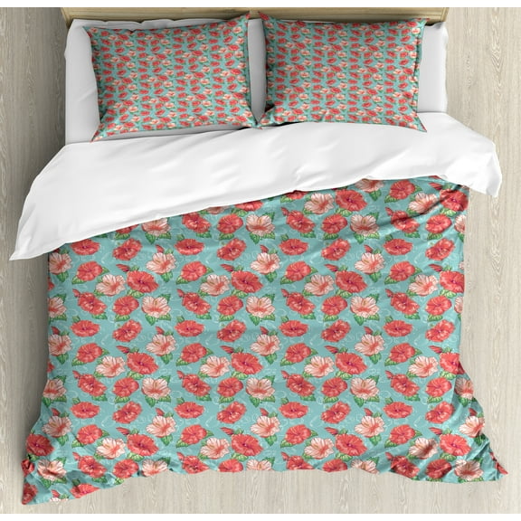 Hibiscus Duvet Cover Set, Pattern of Tropic Flowers and Bubbles Graphic, Decorative 3 Piece Bedding Set with 2 Pillow Shams, King Size, Teal Coral, by Ambesonne
