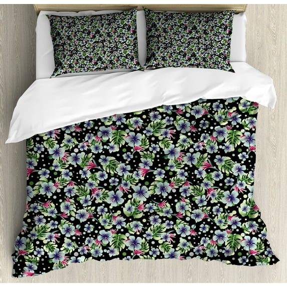 Hibiscus Duvet Cover Set, Vintage Circular Blots and Flowers Blossoming Tropic Plantation, Decorative 3 Piece Bedding Set with 2 Pillow Shams, Queen Size, Charcoal Grey and Multicolor, by Ambesonne
