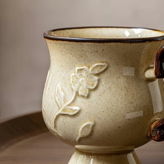 Hibiscus Embossed Stem Cup 10.14oz Vintage French Ceramic Mug for Coffee Tea Hot Cocoa Water