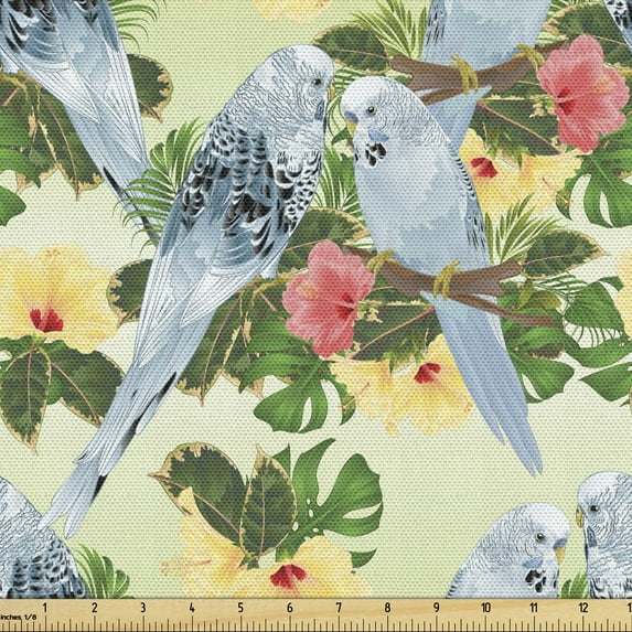 Ambesonne Hibiscus Fabric by the Yard Upholstery, Birds Composition Leaves, 3 Yards, Multicolor