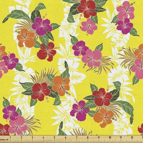 Ambesonne Hibiscus Fabric by the Yard Upholstery, Tropical Flowers Art, 3 Yards, Multicolour