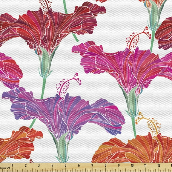 Hibiscus Fabric by the Yard, Floral Jungle Design Hawaii Summer Flora Colorful Petals Romantic Demonstration, Upholstery Fabric for Dining Chairs Home Decor Accents, 3 Yards, Multicolor by Ambesonne