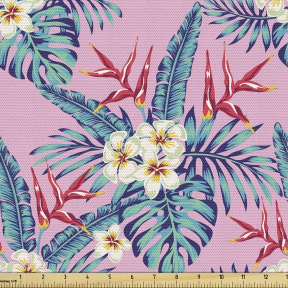 Hibiscus Fabric by the Yard, Funky Colors Abstract Tropical Interpretation of Flowers, Decorative Upholstery Fabric for Chairs & Home Accents, 5 Yards, Pale Pink Dark Sky Blue by Ambesonne