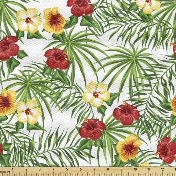 Hibiscus Fabric by the Yard, Spread Flowers and Leaves of Tropical Climates Pattern, Decorative Upholstery Fabric for Chairs & Home Accents, 2 Yards, Paprika Olive Green by Ambesonne