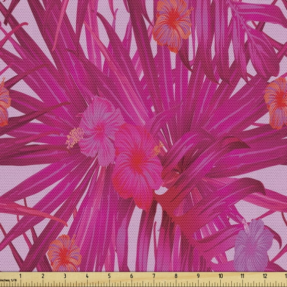 Ambesonne Hibiscus Fabric by the Yard Upholstery, Tropical Magenta Monstera, 10 Yards, Raspberry Pale Pink