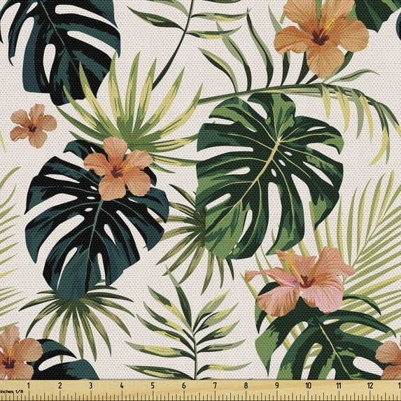 Ambesonne Hibiscus Fabric by the Yard Upholstery, Tropical Flowers Monstera, 5 Yards, Multicolor